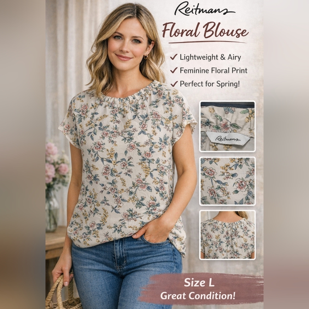Reitmans Floral Short Sleeve Top — Cream with Pink, Green & Yellow Flowers